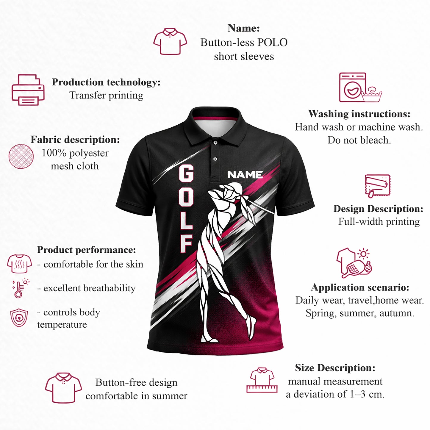 Custom Golf Polo Shirt Personalized Name Golfer Swing Graphic Black Pink Performance Polo Unisex