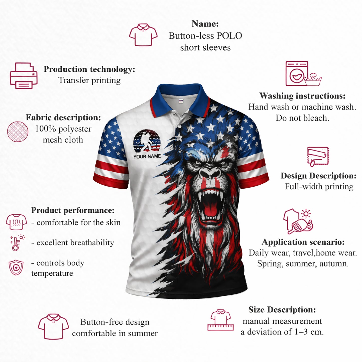 Patriotic Golf Polo Shirt Custom Name USA Flag Lion Design All Over Print Performance Shirt