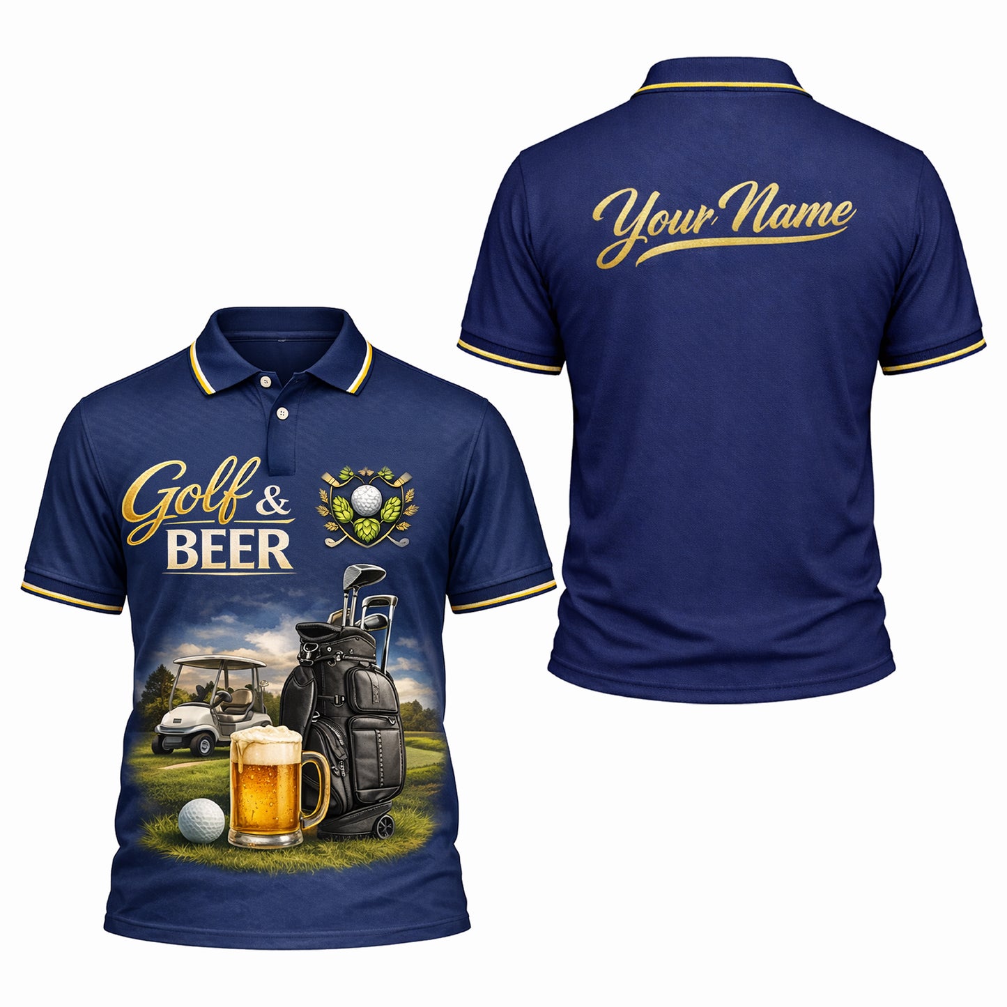 Custom Golf Polo Shirt Golf And Beer Funny Design Personalized Name Performance Shirt Navy Blue