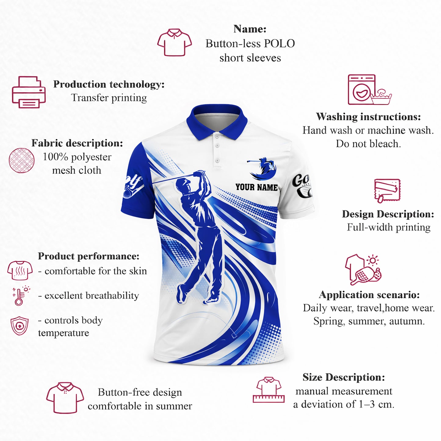 Custom Golf Polo Shirt Personalized Name Blue White Golfer Swing Performance Polo for Men