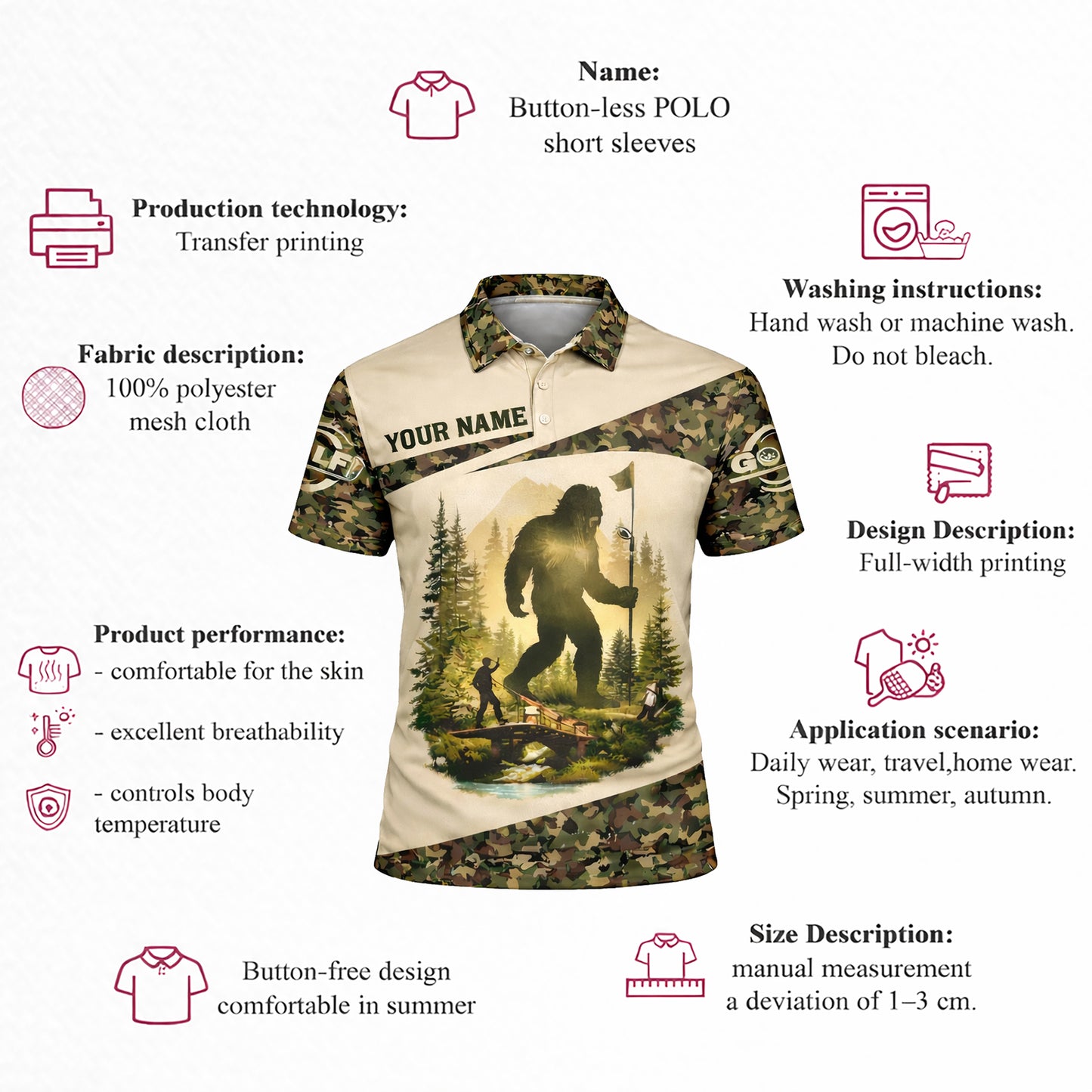 Bigfoot Golf Polo Shirt Funny Golfer Custom Name Camo Short Sleeve Performance Shirt