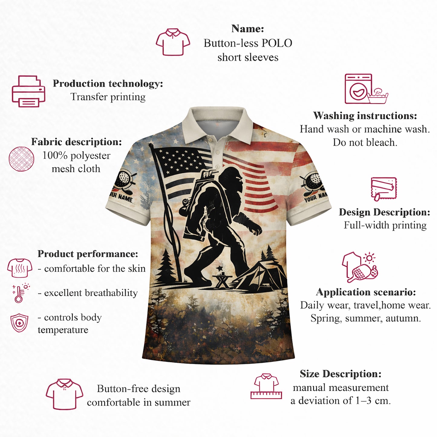 Golf Polo Shirt Men Funny Golf Quote American Flag Bigfoot Sasquatch Graphic Shirt Breathable Mesh Top
