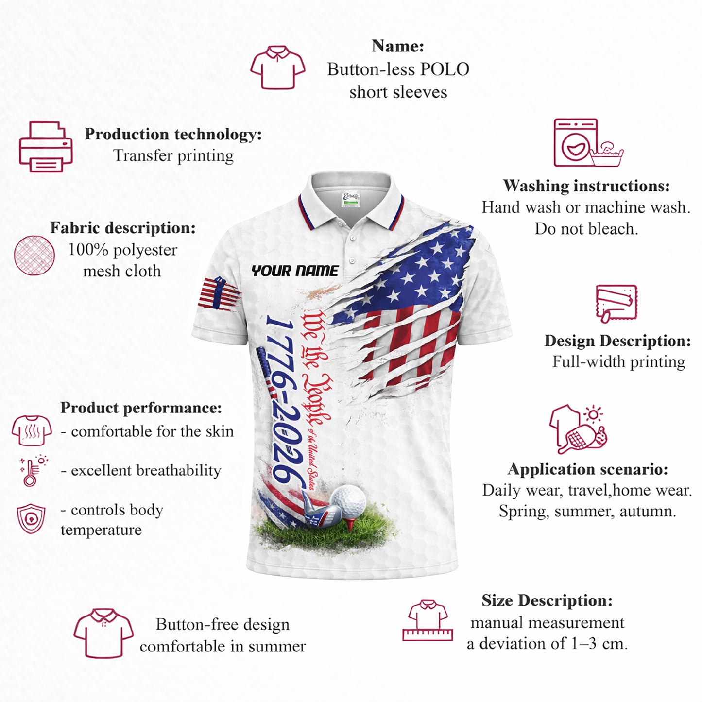 Patriotic Golf Polo Shirt Custom Name USA Flag 1776-2026 Design Breathable Performance Shirt