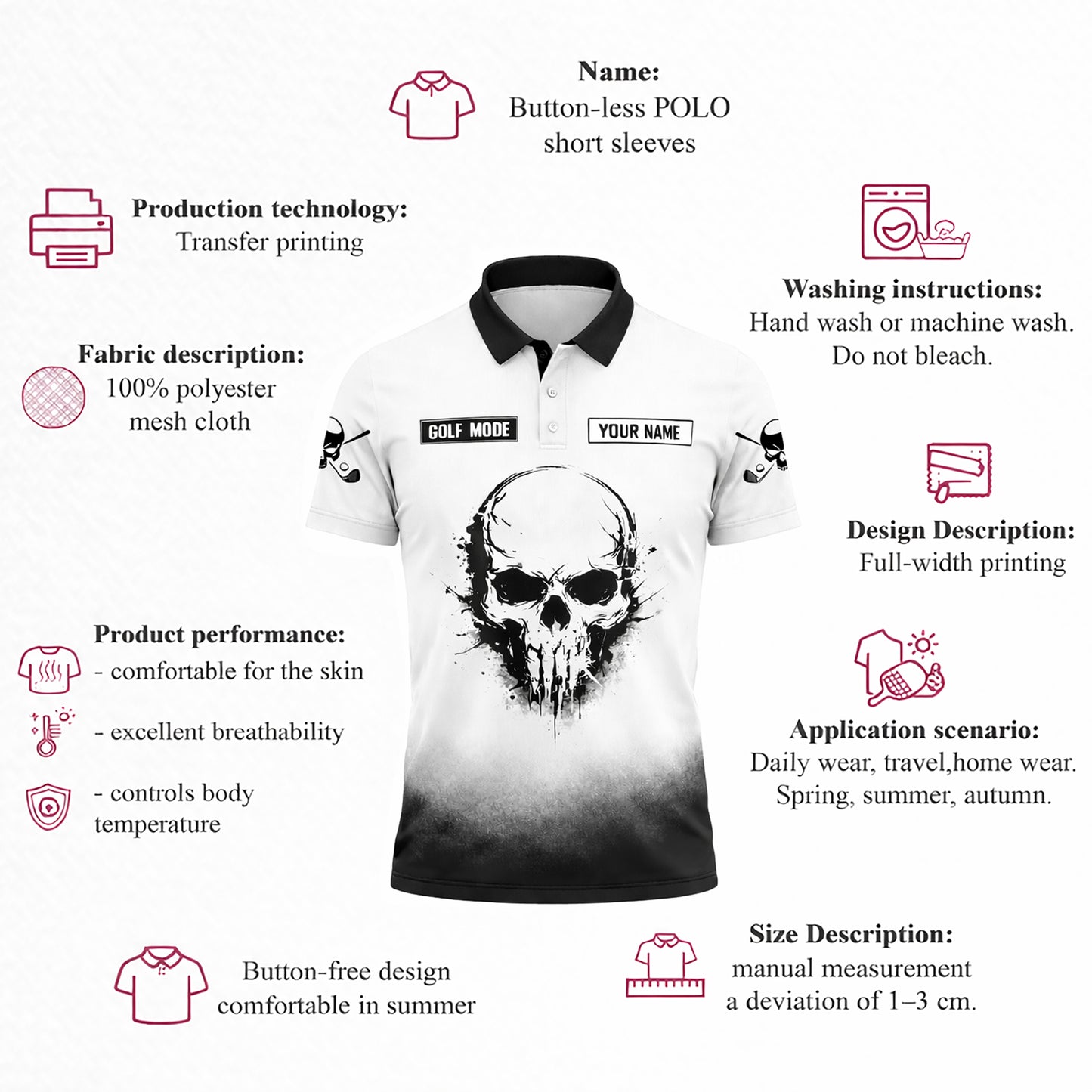 Funny Golf Polo Shirt Skull Graphic Custom Name Golf Shirt Breathable Athletic Polo