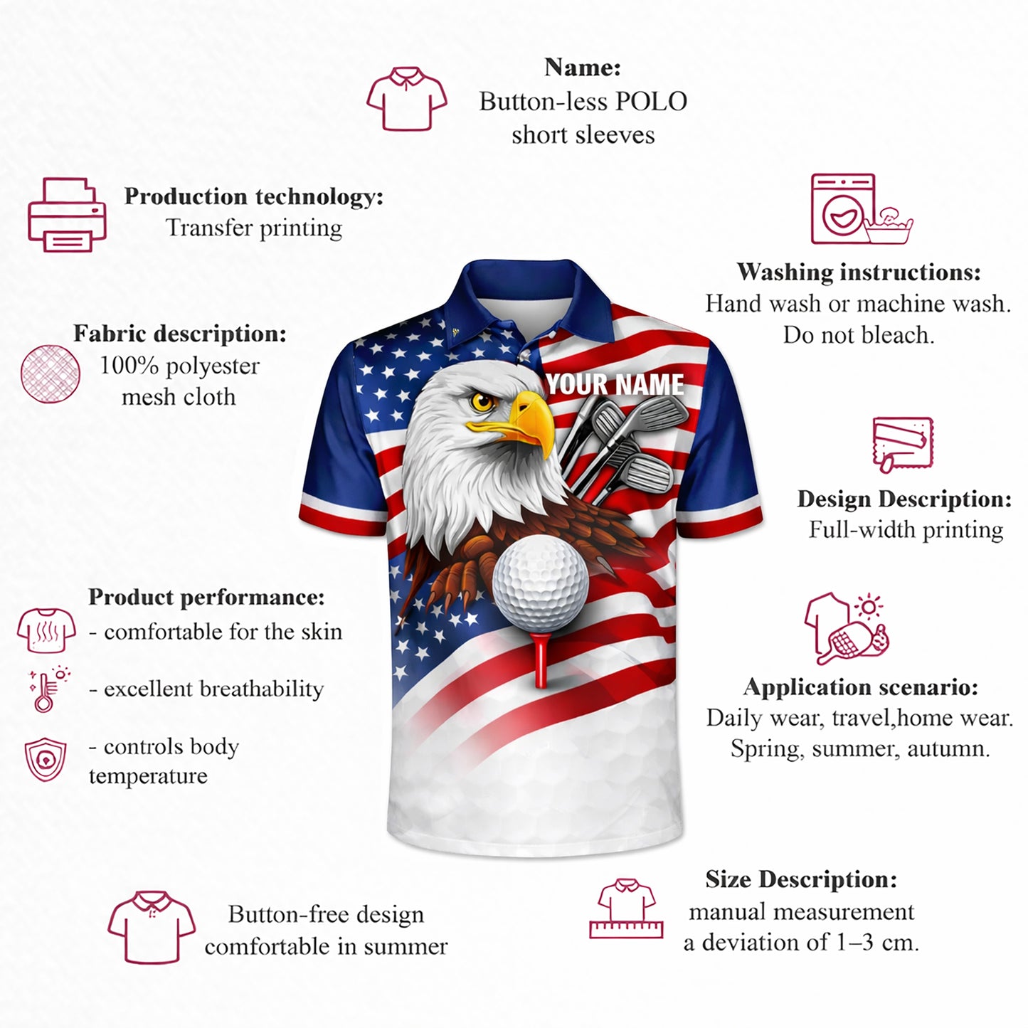 Men's Patriotic Golf Polo Shirt Custom Name Eagle USA Flag Performance Collared Shirt