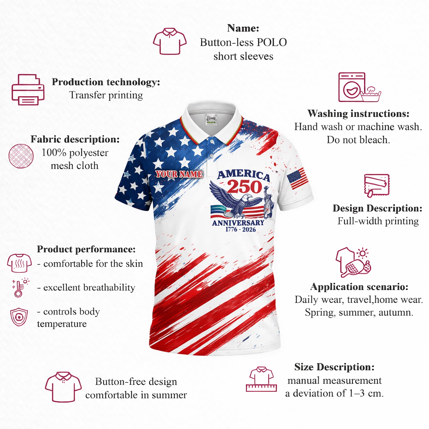 America 250th Anniversary Polo Shirt Custom Name Patriotic Eagle 1776-2026 Golf Shirt
