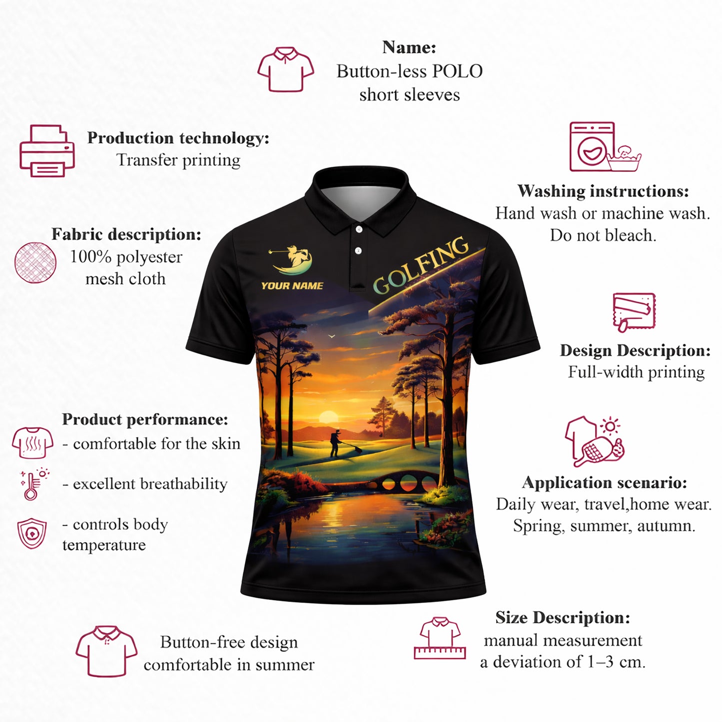 Personalized Golf Polo Shirt Sunset Landscape Design Custom Name Breathable Athletic Golf Shirt