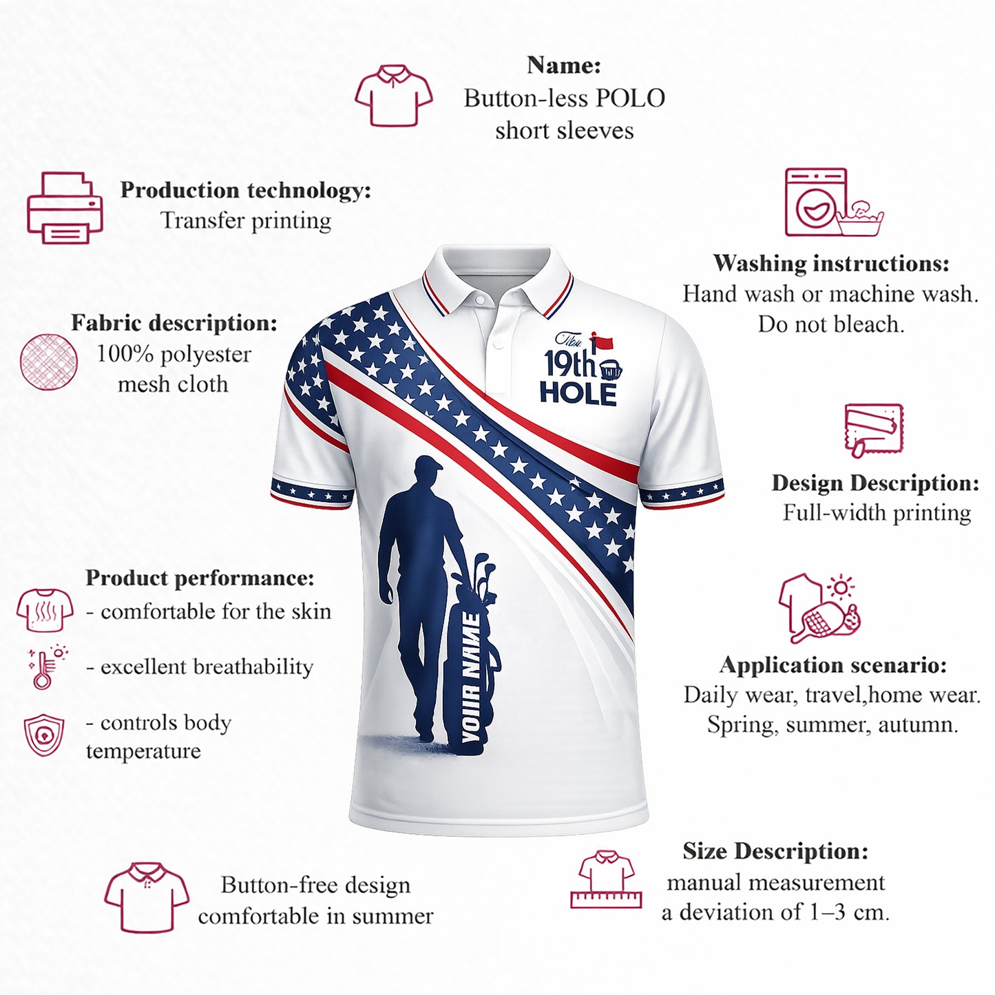 Personalized Golf Polo Shirt USA Flag Patriotic 19th Hole Design Custom Name Breathable Performance Shirt
