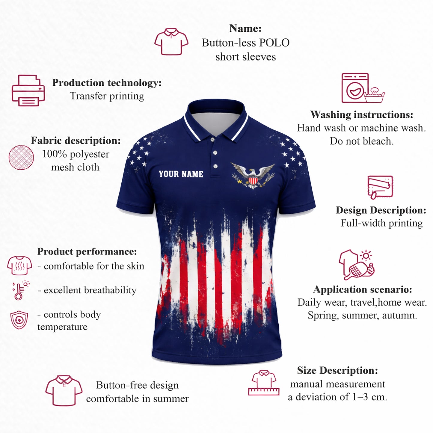 USA 250th Anniversary Polo Shirt Custom Name Patriotic American Flag 1776-2026 Eagle Design Performance Polo