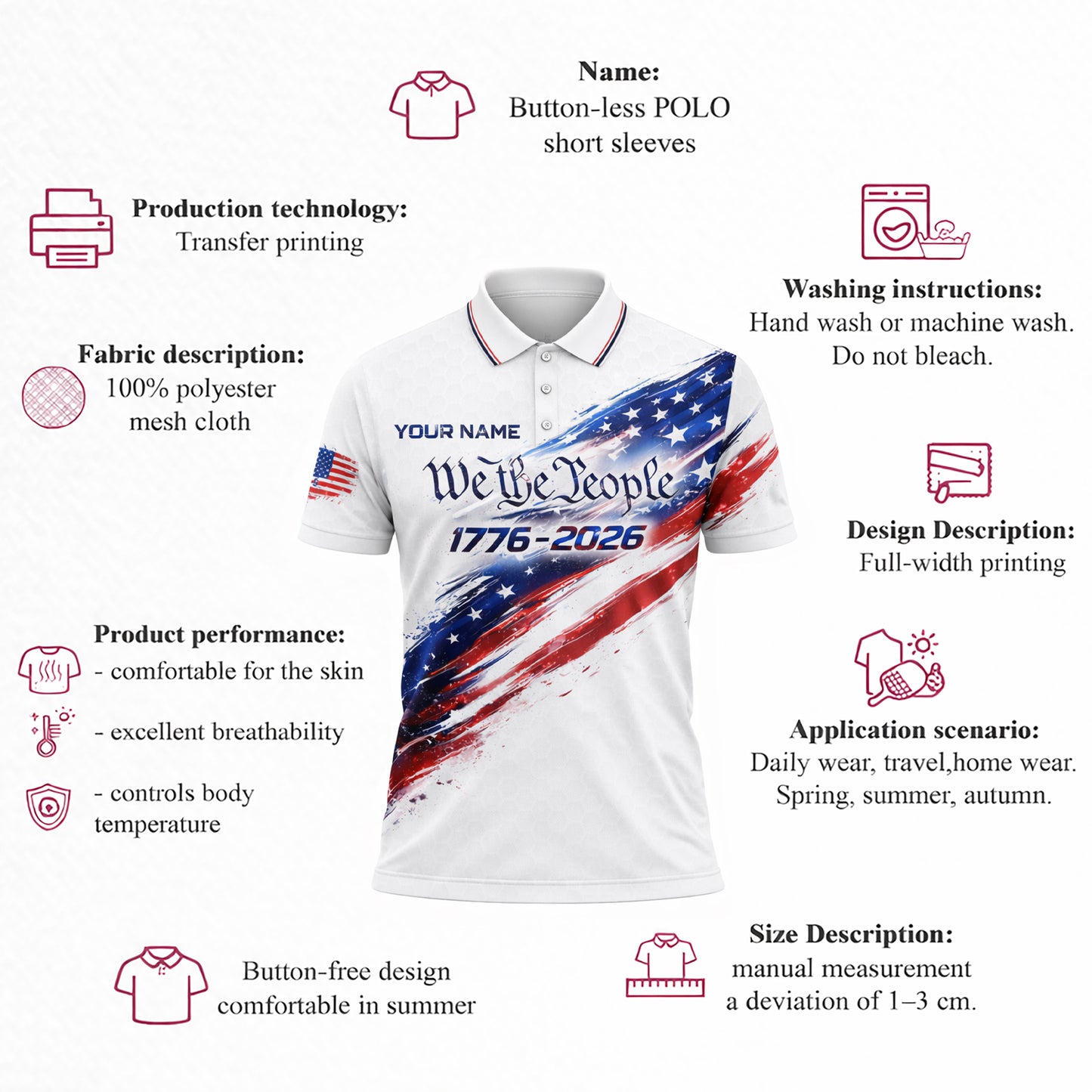 Patriotic Golf Polo Shirt Custom Name USA 250th Anniversary 1776-2026 We The People Design Performance Polo