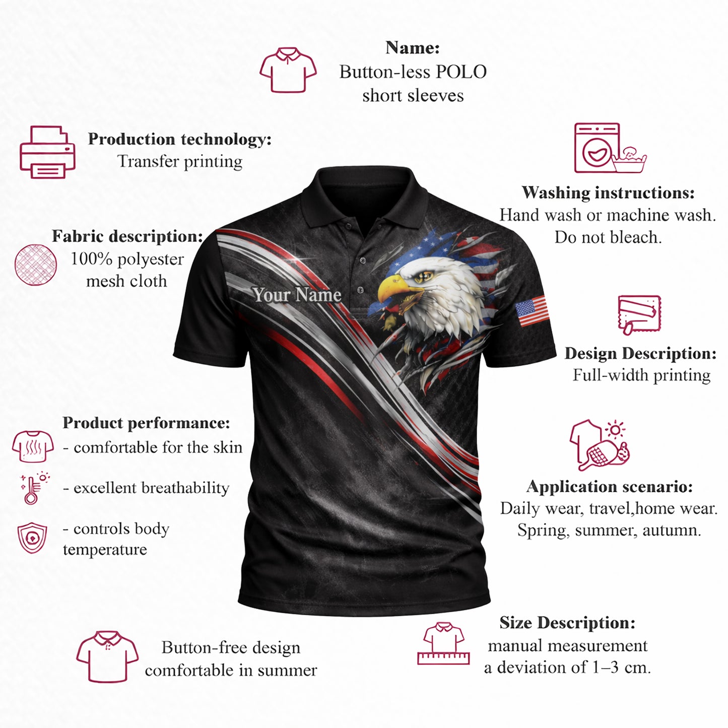 Custom USA 250th Anniversary Polo Shirt Personalized Name American Eagle Patriotic Performance Golf Shirt