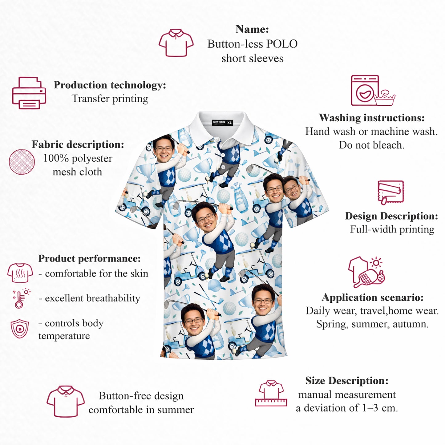 Mens Golf Polo Shirt Custom Photo Face Funny Cartoon