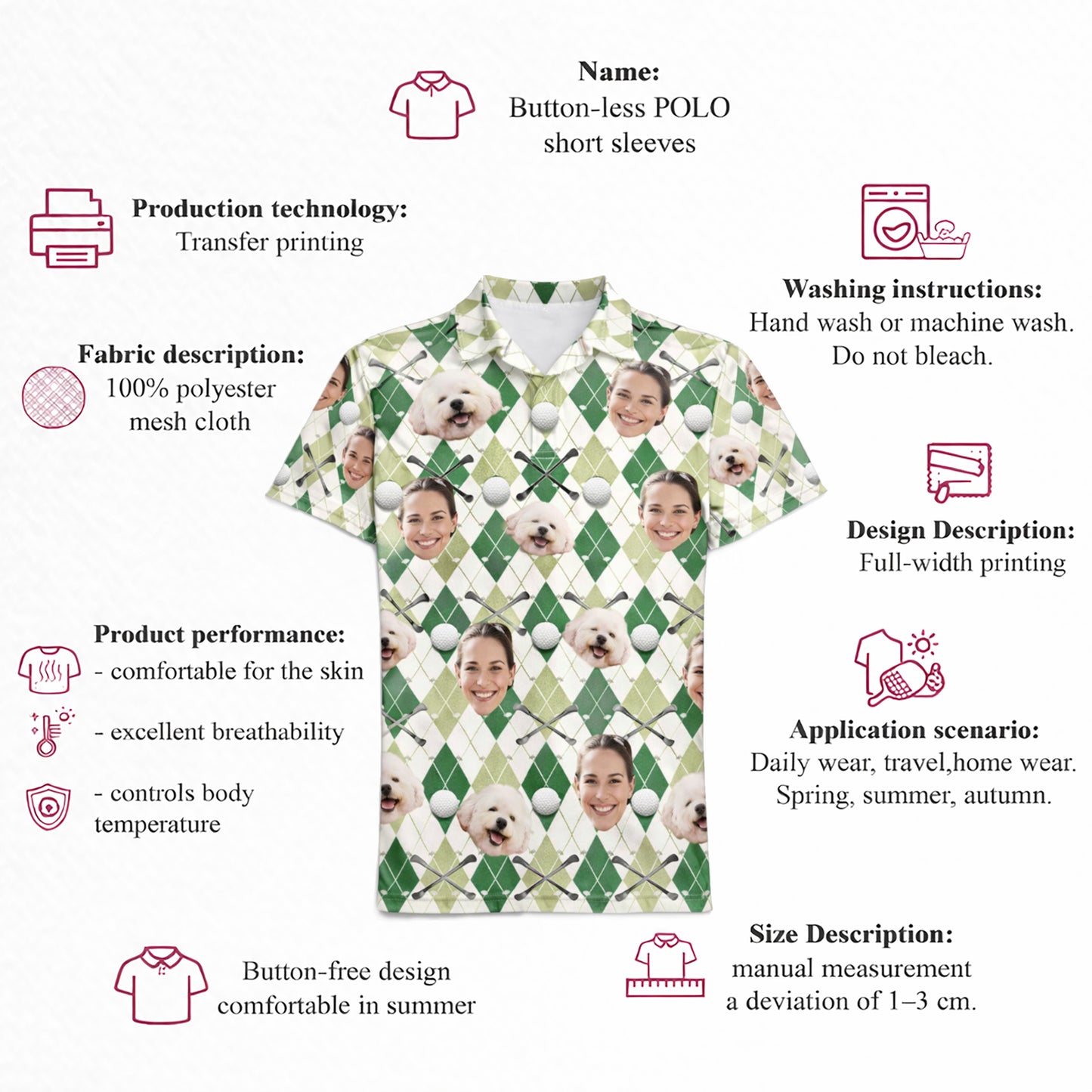 Custom Face and Pet Photo Golf Polo Shirt Green Argyle