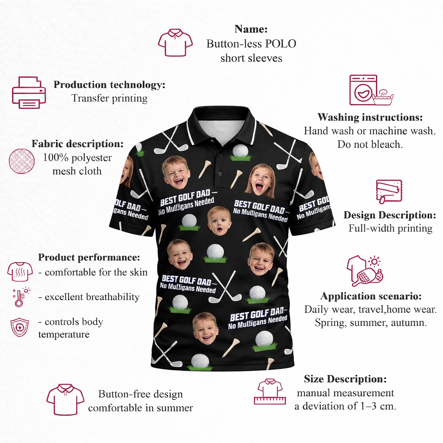 Custom Kids Photo Best Golf Dad Polo Shirt Black