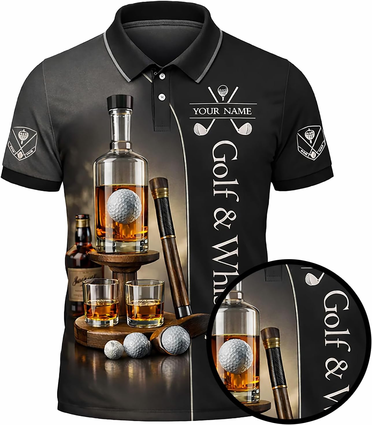 Golf & Whiskey Polo Shirt Custom Name Golf Polo Shirt Men Funny Golf Drinking Shirt Performance Golf Shirt Black