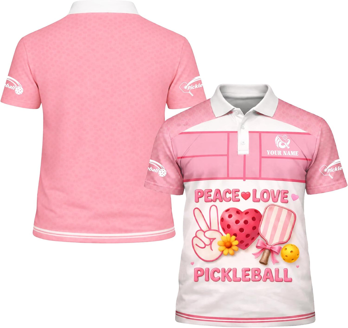 Peace Love Pickleball Pink Women Pickleball Polo Shirt Cute Heart Paddle Graphic Custom Name Performance Shirt