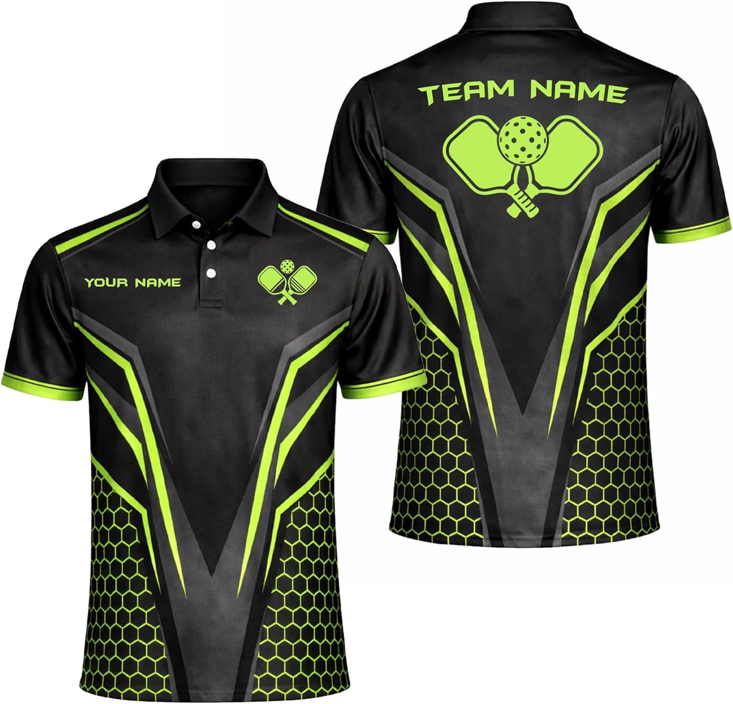 Pickleball Custom Name Polo Shirt Black Neon Green Performance Pickleball Shirt for Men Women