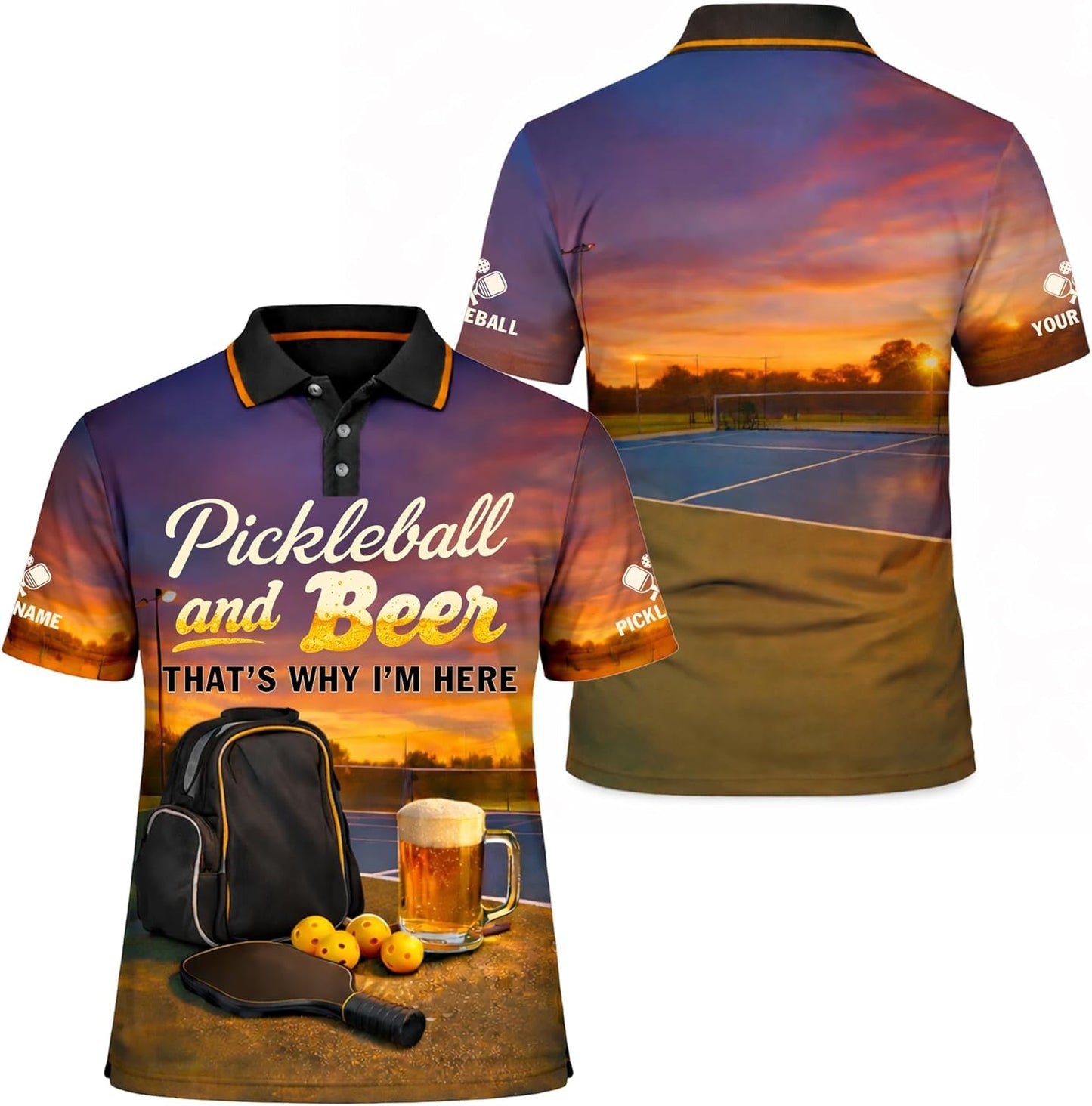 Pickleball and Beer Polo Shirt Funny Pickleball Sunset Court Performance Shirt