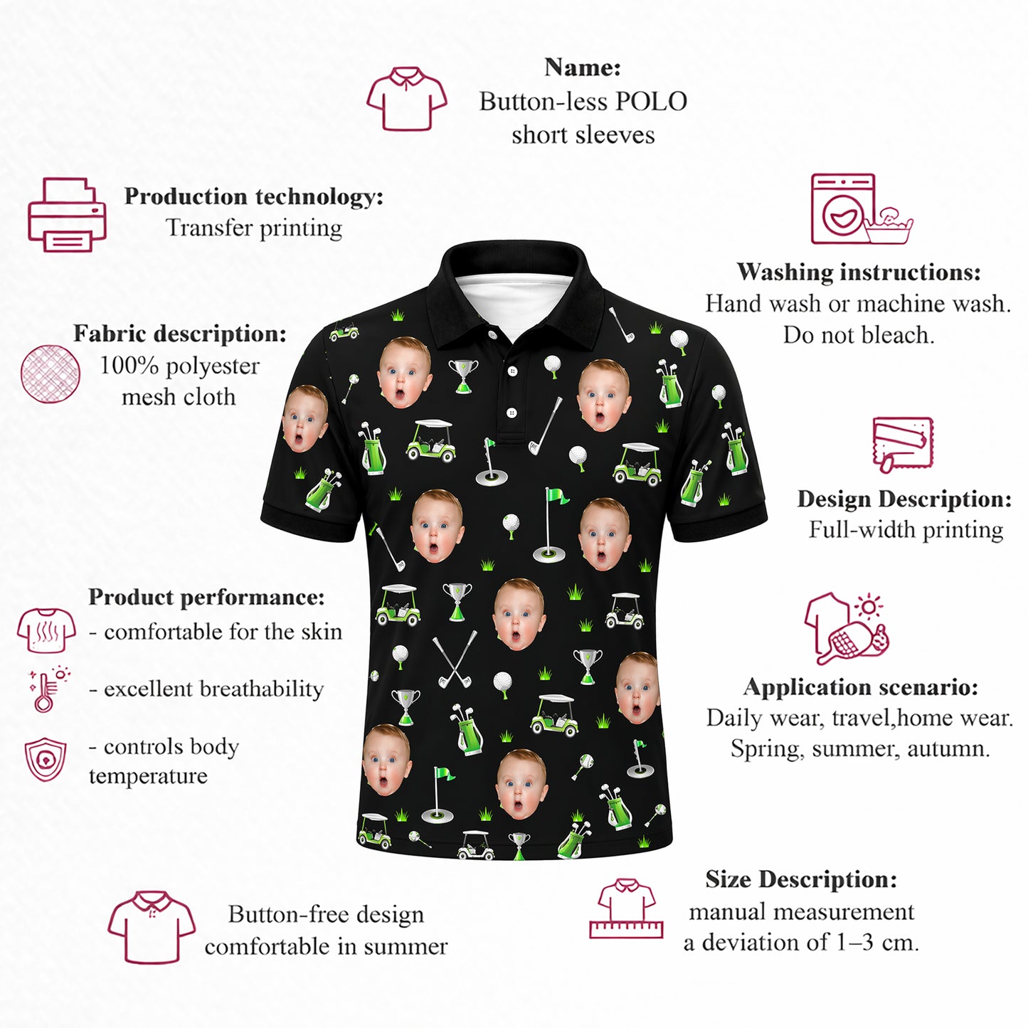 Custom Face Golf Pattern Men's Polo Black