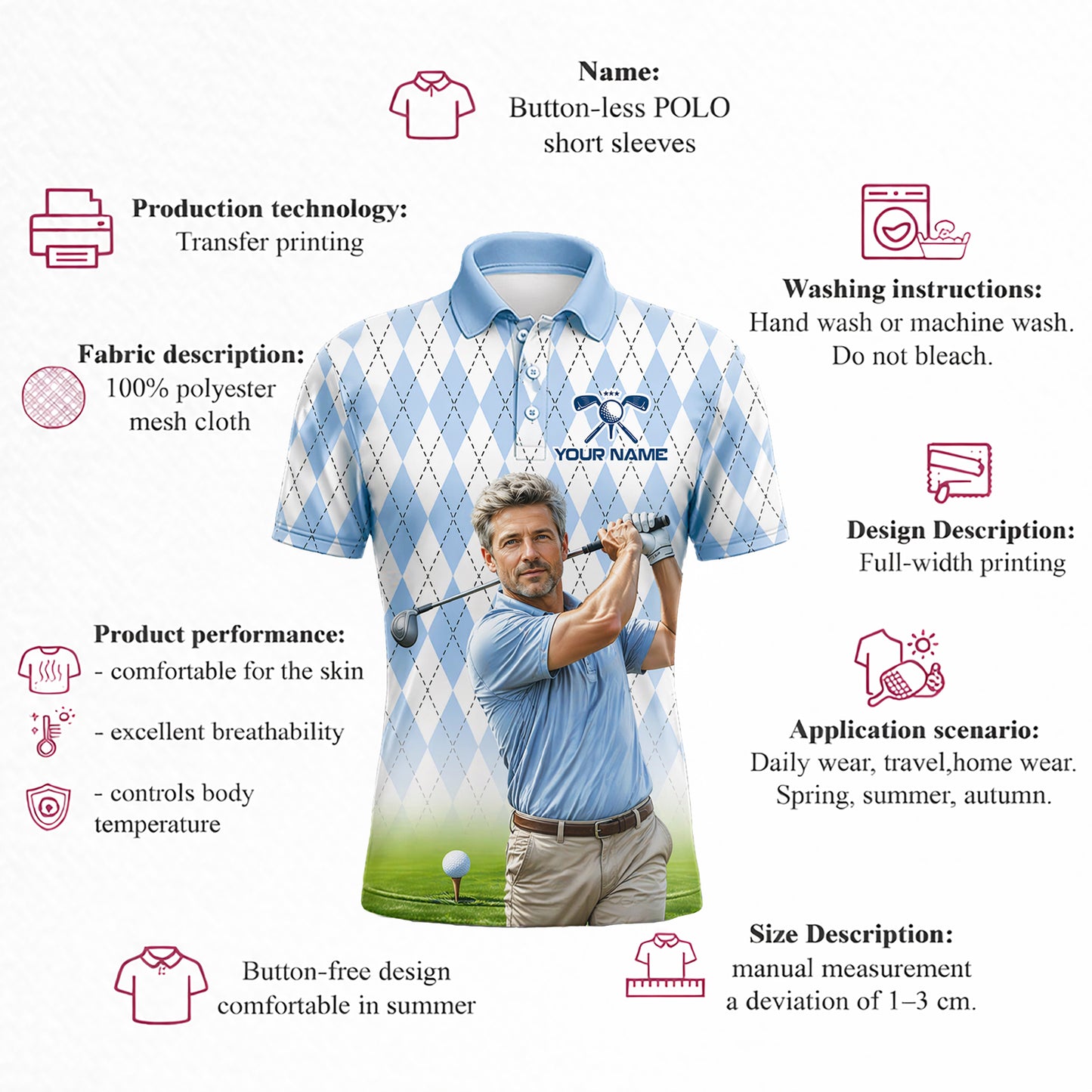 Custom Argyle Golf Polo Shirt Light Blue