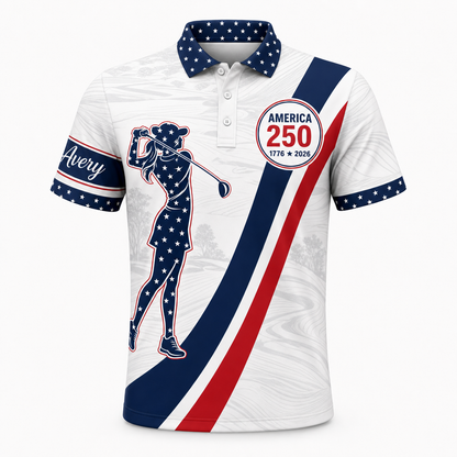 America 250 Patriotic Golf Polo – Personalized Name - Hero