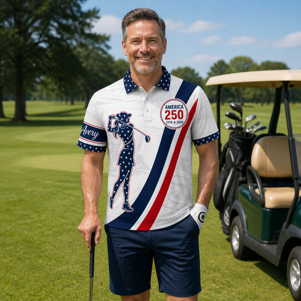 America 250 Patriotic Golf Polo – Personalized Name - Lifestyle 1