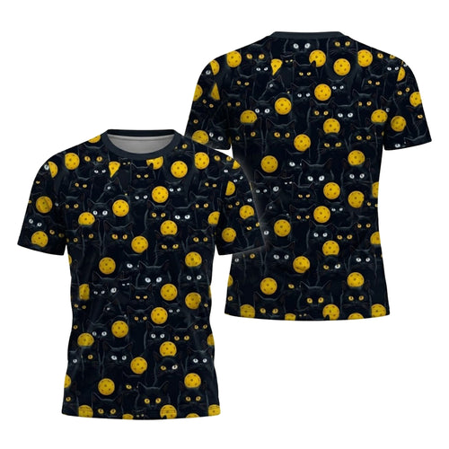 Black Cat Pickleball Polo Shirt Funny Cat Lover Sports Shirt All Over Print Breathable Athletic Tee