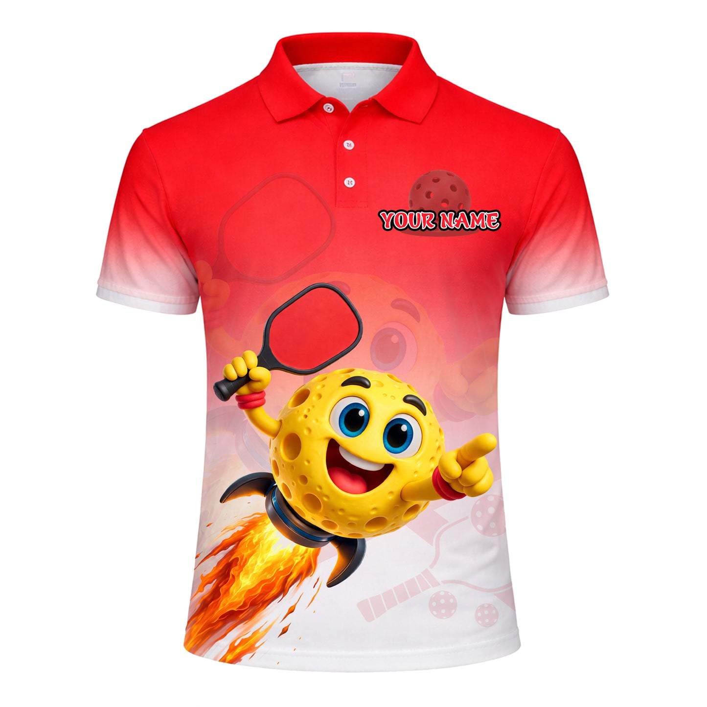 Men's Custom Pickleball Polo Shirt Funny Cartoon Ball Rocket Design Personalized Name Team Short Sleeve Red White Polyester Polo