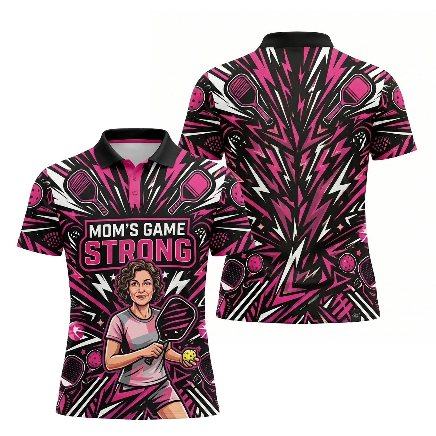 Moms Game Strong Pickleball Polo Shirt for Women Pink