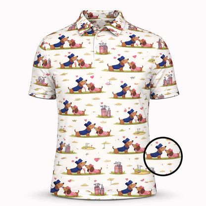 Cute Dachshund Golf Polo Shirt – Romantic Dog Couple All Over Print Funny Golf Shirt for Men & Women