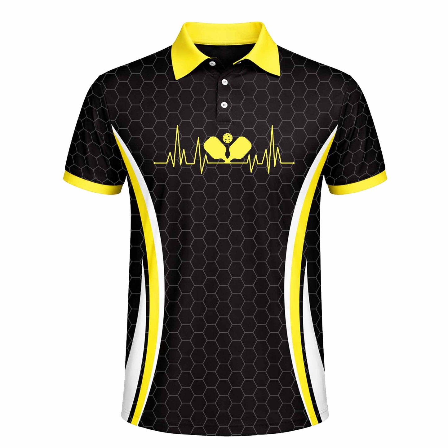Custom Pickleball Polo Shirt Heartbeat Paddle Design Personalized Name Team Jersey Performance Unisex Shirt Black Yellow