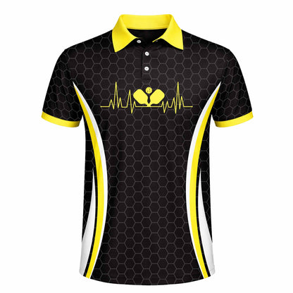 Custom Pickleball Polo Shirt Heartbeat Paddle Design Personalized Name Team Jersey Performance Unisex Shirt Black Yellow