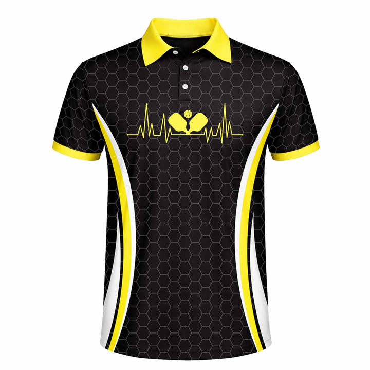 Custom Pickleball Polo Shirt Heartbeat Paddle Design Personalized Name Team Jersey Performance Unisex Shirt Black Yellow