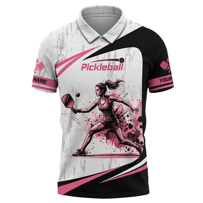 Custom Pickleball Polo Shirt Women Personalized Name Pink Black Athletic Performance All Over Print Shirt