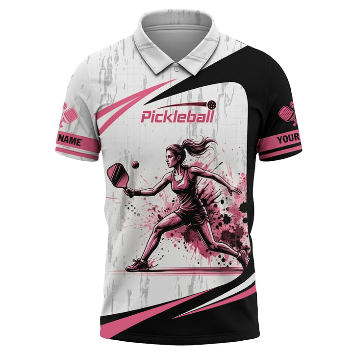 Custom Pickleball Polo Shirt Women Personalized Name Pink Black Athletic Performance All Over Print Shirt