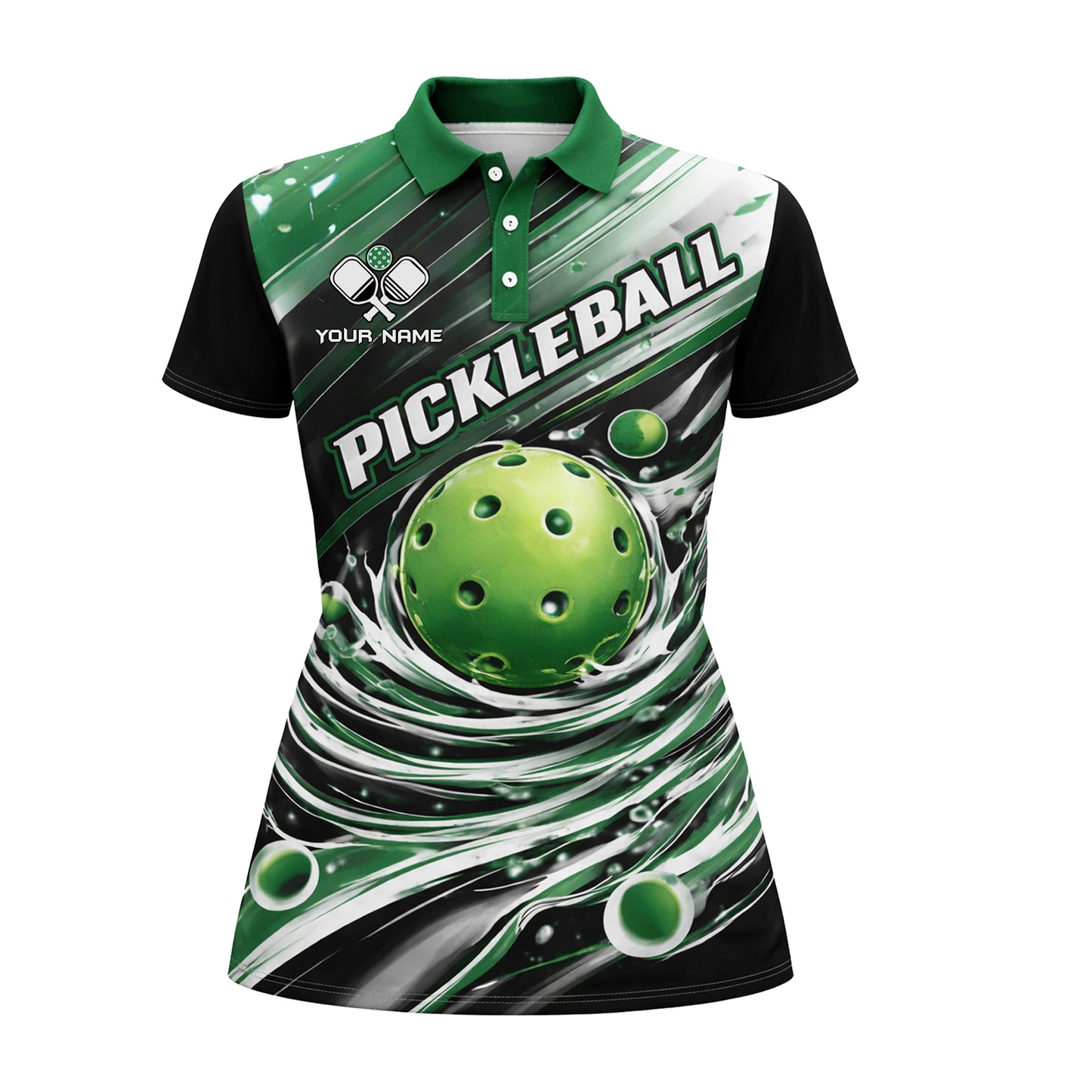 Pickleball Polo Shirt Custom Name Green Dynamic Ball Splash Design Unisex Sports Shirt