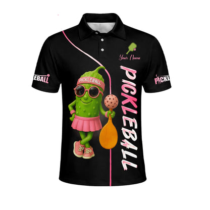 Women Pickleball Polo Shirt Cute Pickle Character Pink Style Custom Name Breathable Performance Polo