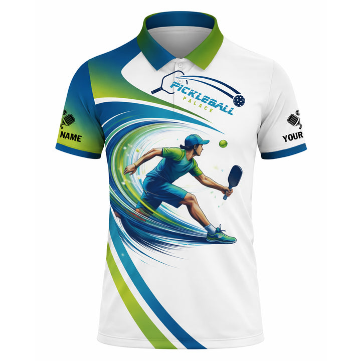 Custom Pickleball Polo Shirt Dynamic Player Graphic Personalized Name Performance Sport Shirt White Blue Green