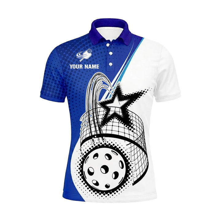 Men's Personalized Pickleball Polo Shirt, Custom Name & Team Halftone Star Ball Print, Moisture-Wicking Polyester, Blue White, Size S-5XL, 1-Pack
