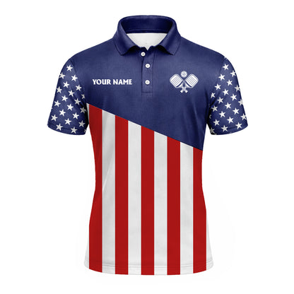 Men's American Flag Pickleball Polo Shirt, Custom Name Team USA Patriotic Short Sleeve Golf Polo for Pickleball Players