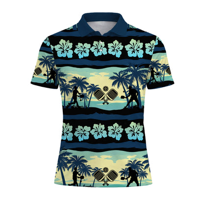 Hawaiian Pickleball Polo Shirt Tropical Beach Palm Tree Hibiscus Breathable Sports Shirt