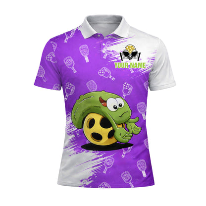 Custom Team Name Pickleball Polo Shirt for Men, Funny Turtle Purple Pickleball Paddle Pattern Personalized Jersey, Short Sleeve Athletic Sports Polo for Players and Teams