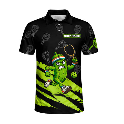 Pickleball Polo Shirt Funny Pickle Player Cartoon Custom Team Name Black Green Sport Design Unisex