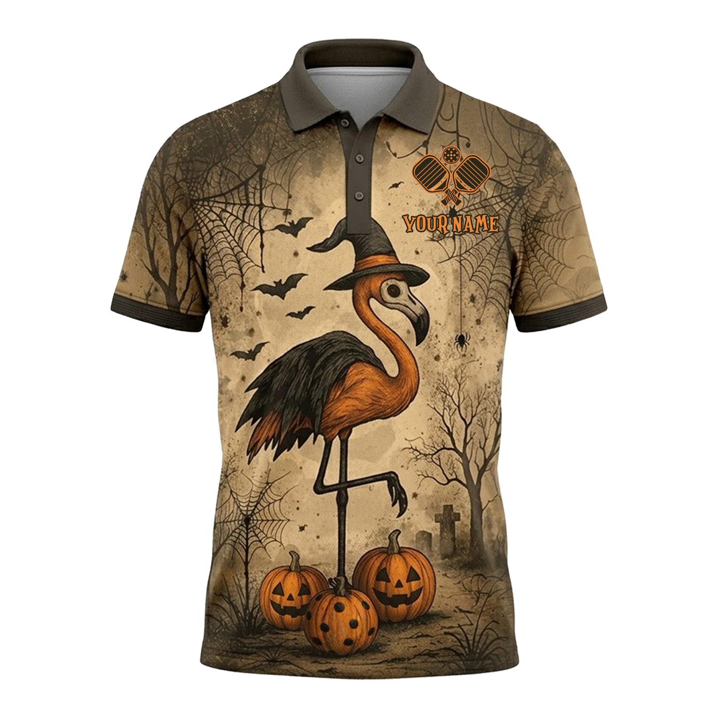 Halloween Flamingo Pickleball Polo Shirt Custom Name Team Spooky Pumpkin Performance Polo