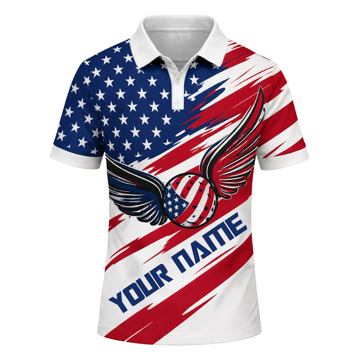 Patriotic USA Flag Polo Shirt Custom Name American Eagle Wings Pickleball Shirt