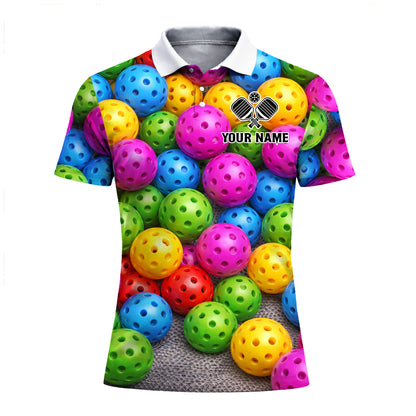 Personalized Pickleball Polo Shirt for Men, Custom Name & Team Colorful Pickleball Balls 3D Print Short Sleeve Golf Polo
