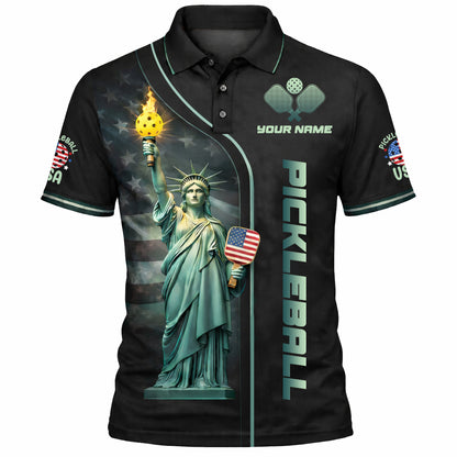 Patriotic Pickleball Polo Shirt Custom Name USA Statue Graphic Performance Team