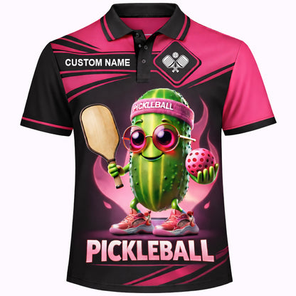 Custom Pickleball Polo Shirt Funny Pickle Character Graphic Breathable Polyester Sports Golf Tennis Casual Shirt Black