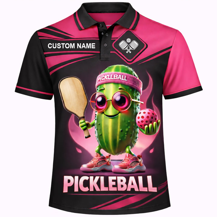 Custom Pickleball Polo Shirt Funny Pickle Character Graphic Breathable Polyester Sports Golf Tennis Casual Shirt Black