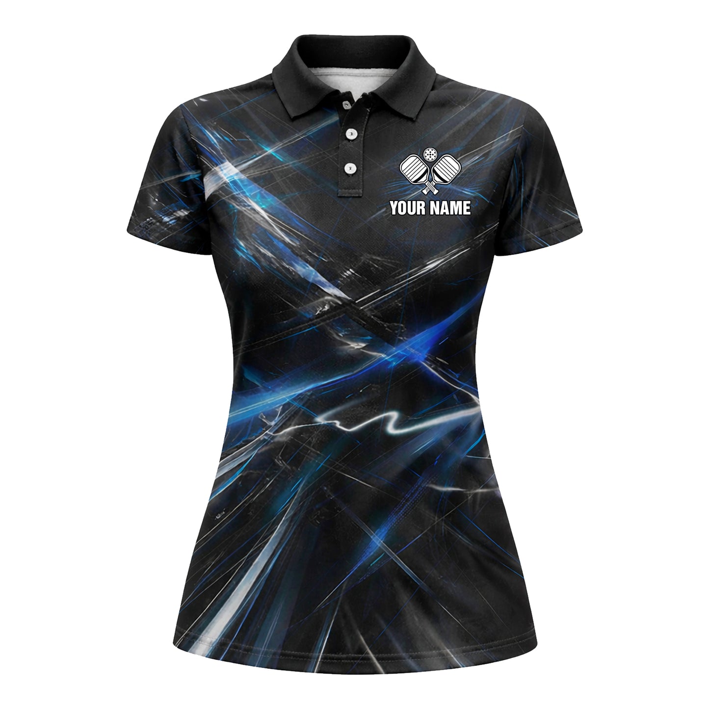 Personalized Pickleball Polo Shirt Blue Lightning Abstract Design Custom Name Athletic Performance Shirt